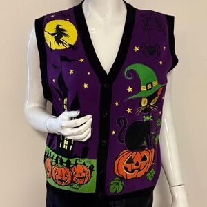 Dolls Kill Brand Trick n’ Treatz Purple Halloween Print Oversized Knit Vest